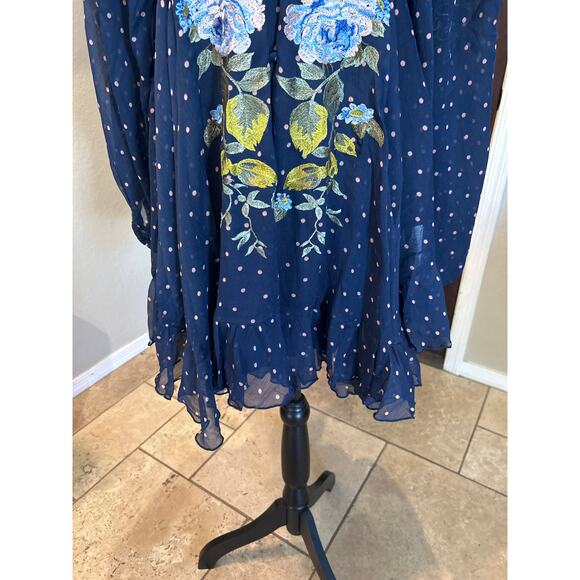 Asos Design Blue Polka Dot Embroidered Flowers Dress - Picture 6 of 9